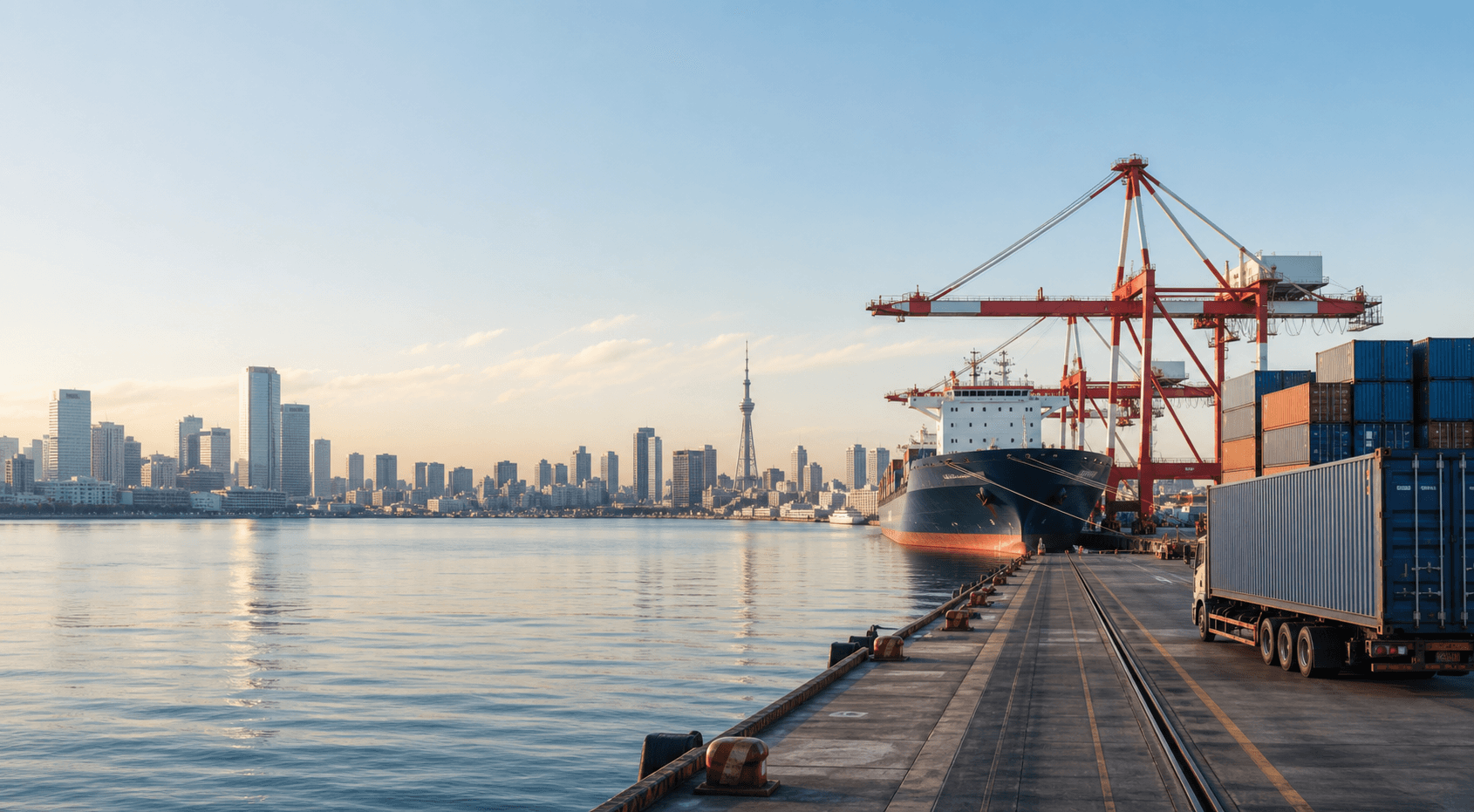 Japanese port logistics scene representing international trade